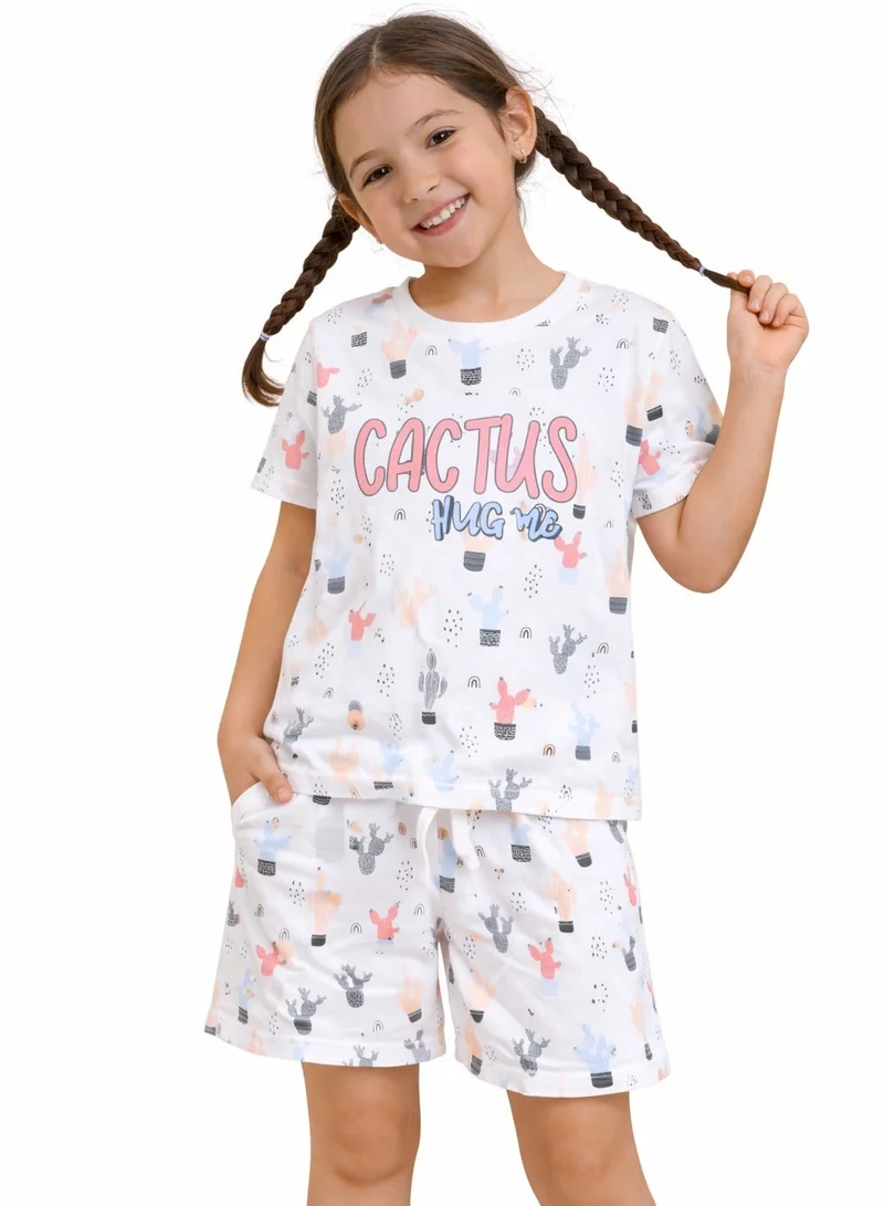 Girls Cactus Print Cotton Pajama Set – T-Shirt & Shorts Nightwear